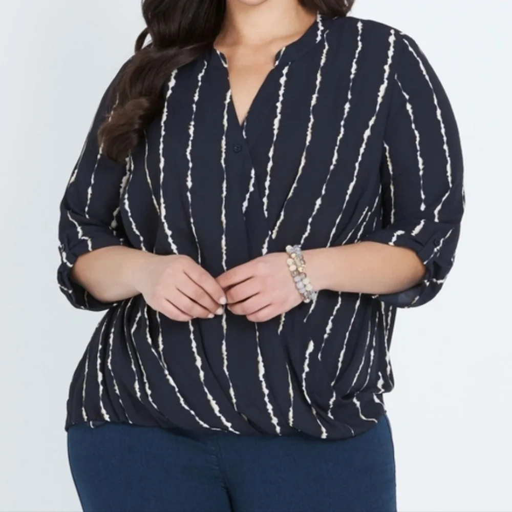 Bloomchic Stripe Crossover Snap Closure Half Sleeve Blouson Top - Picture 1 of 10